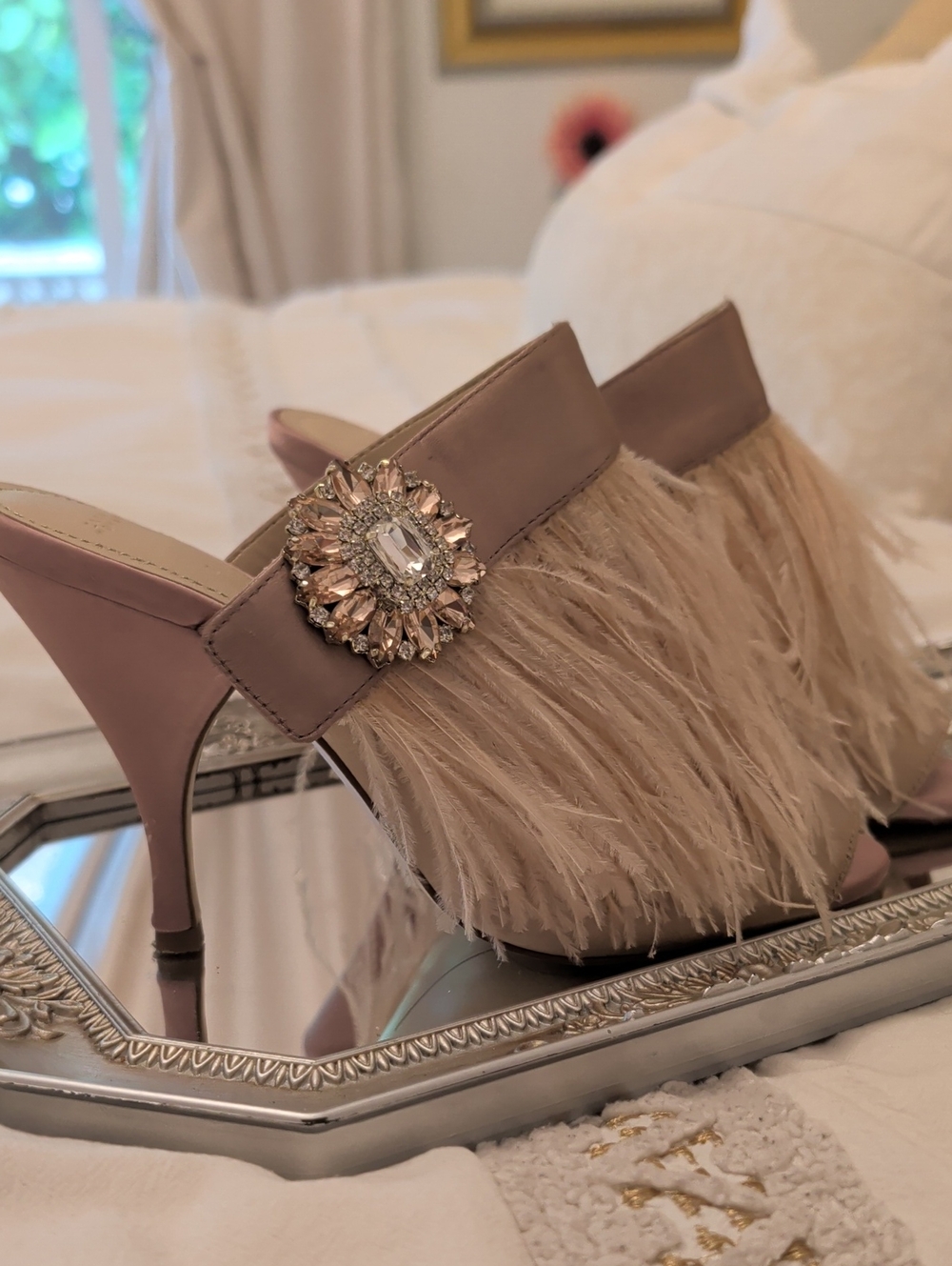 Zara Blush Feather Mules with Crystal Brooch